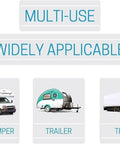 Image depicting RV, trailer, and truck with text 'Multi-use Widely Applicable' promoting RV Roof Sealant Tape 2 Inch By 50 Feet White Waterproof Leak Patch.