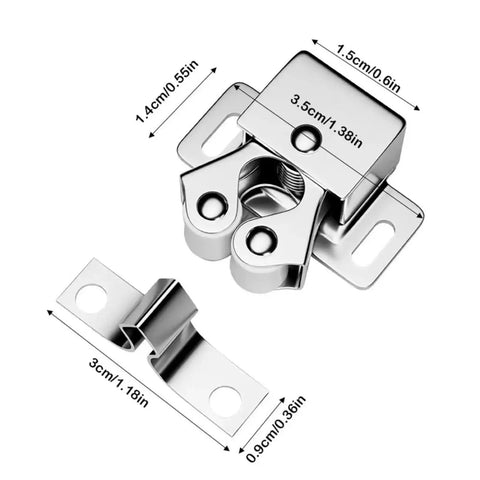 20 Pcs Metal Cabinet Latch For Wardrobe Door With Easy Install Spring Catch To Keep Kitchen Cupboards And Storage Units Locked Tight Secure And Stylishly, showing detailed metal latch and dimensions.
