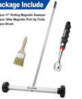 Package includes 17 Inch Rolling Magnetic Sweeper with Telescopic Magnetic Pick Up Tools for debris and shop floor cleanup.