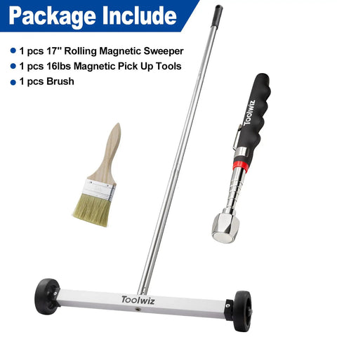 Package includes 17 Inch Rolling Magnetic Sweeper with Telescopic Magnetic Pick Up Tools for debris and shop floor cleanup.