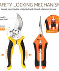 3 Pack Garden Pruning Shears With Stainless Steel Blades, Ergonomic Non Slip Handles, Easy Open Spring shown with safety lock