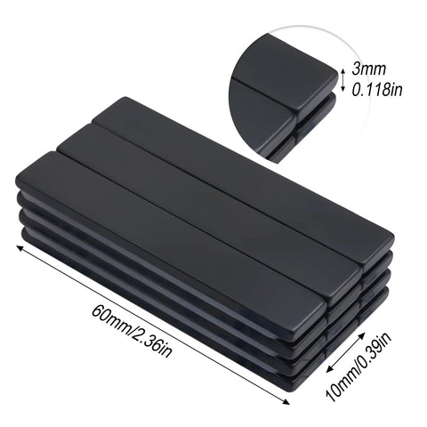 Rare-earth bar magnets, black epoxy-coated neodymium, 60x10x3 mm, pack of 12