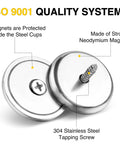Two neodymium round base cup magnets with stainless steel cups and screws