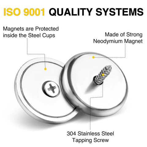 Two neodymium round base cup magnets with stainless steel cups and screws
