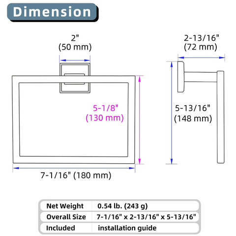 Dimensions of Simple Hand Towel Holder In Brushed Nickel Made From SUS 304 Stainless Steel Square Bathroom Towel Ring