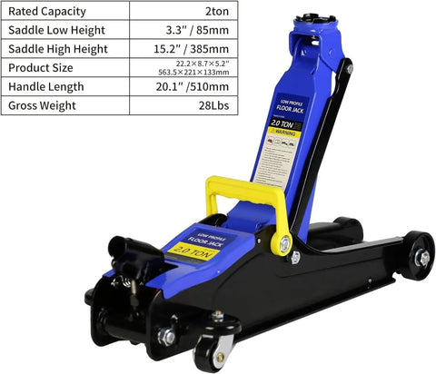 Low-Profile Floor Jack 2-Ton Quick Lift Hydraulic Car Jack For Heavy-Duty Lifting, Adjustable Height 3.3 To 15.2 Inches, Steel Trolley Jack Workhorse 4000 Lbs Capacity, Blue