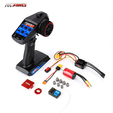 Beefed-Up 4 Channel RC Transmitter Receiver Kit With 2840 Brushless Motor 5000KV, 35A ESC, 40CrMo gears displayed on table.