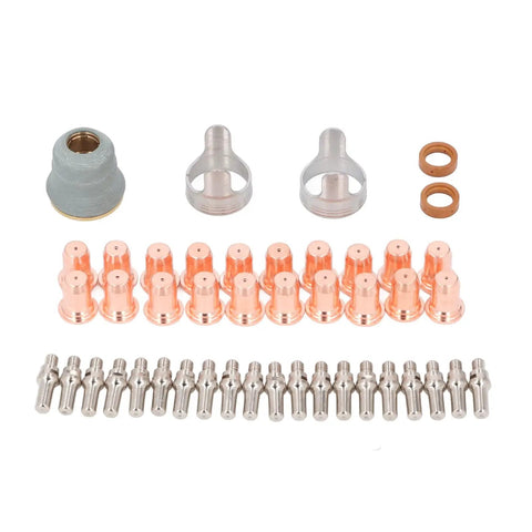 Heavy Duty Plasma Cutting Torch Electrode Tip Kit Made For Fast Changeouts And Top Tier Cutting Results showing 20 copper tips and electrode caps.