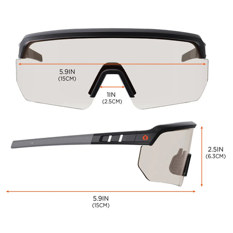 Impact Resistant Oversized Blade Safety Glasses Featuring Hella Reliable Anti Fog Lens Coating And Scratch Proof Build For Superior Job Site Eye Protection Plus ANSI Z87 Verification Rating, showing dimensions.