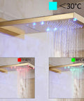 UMJIGF Luxury Led Shower System Gold Waterfall Shower Faucet Set with adjustable color indicators for water temperature.