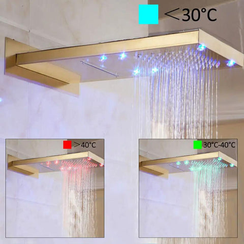UMJIGF Luxury Led Shower System Gold Waterfall Shower Faucet Set with adjustable color indicators for water temperature.