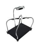 Helping Hands Soldering Station With Magnifying Glass 2.5X, 4 flexible arms PCB holder on black base, side view.