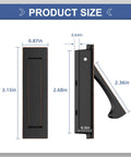 Slick Recessed Pocket Door Hardware Set With Flushing Edge Pull And Two Legit Heavy Duty Slide Handles For Smooth Closet Barn Door Operation In Top Shelf Oil Rubbed Bronze Finish showing product dimensions and details.