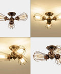 Vintage Industrial Ceiling Light With Metal Wire Cage Shade, Adjustable Socket Three Light Semi Flush Mount, Rustic Bronze Finish