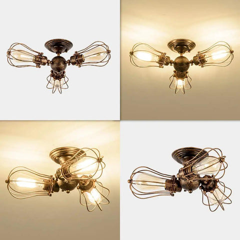 Vintage Industrial Ceiling Light With Metal Wire Cage Shade, Adjustable Socket Three Light Semi Flush Mount, Rustic Bronze Finish