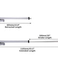 Two-view image of a silver 20in stroke linear actuator with mounting bracket, showing retracted 23.8in and extended 43.5in.