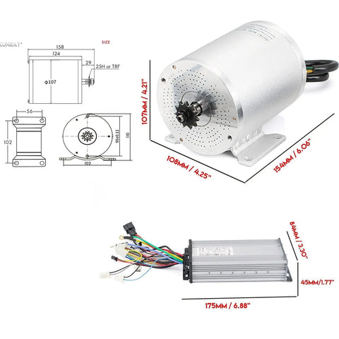 Beast Power 1000W 48V Brushless Go Kart Motor Kit with 3500RPM motor and 30A BLDC controller showing dimensions and design