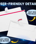 White envelopes with self-seal feature, part of 50 Pack 7x4.35 Trading Card Envelopes Mailers For Secure Shipping The Perfect Sized Envelopes For Mailing SemiRigid Cards And Top Loaders Fits Standard 4x6 Labels Great Protector Supplies For Collectors.