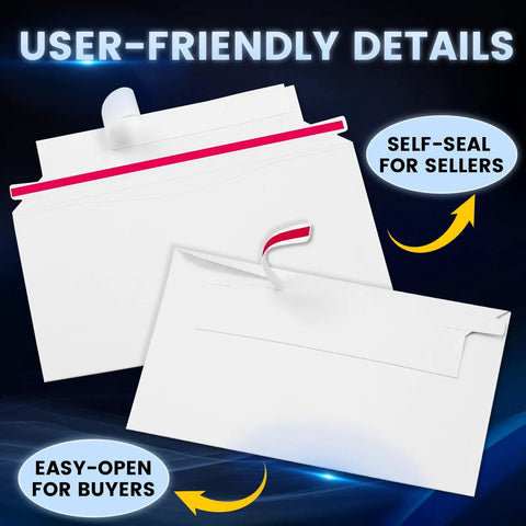 White envelopes with self-seal feature, part of 50 Pack 7x4.35 Trading Card Envelopes Mailers For Secure Shipping The Perfect Sized Envelopes For Mailing SemiRigid Cards And Top Loaders Fits Standard 4x6 Labels Great Protector Supplies For Collectors.
