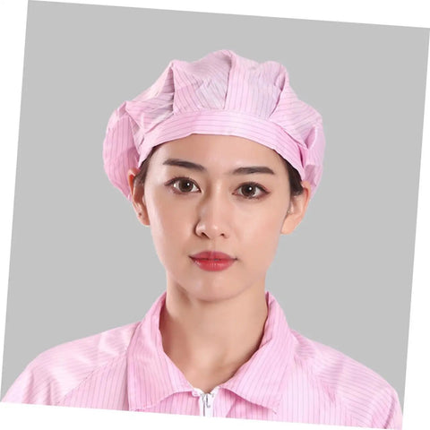 Eight Pack Hot Pink Anti Static Mesh Work Caps With Hella Breathable Mesh Panels Tough Reusable Polyester Build Kickass Shop Floor Protection For Electronics Factories on a model.
