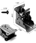 Self Locking Folding Table Leg Brackets With Heavy Duty Hinge And Screws For Collapsible Shelves Bed Supports And Wall Mounts No Sweat Assembly, metal brackets with screws, dimensions shown.