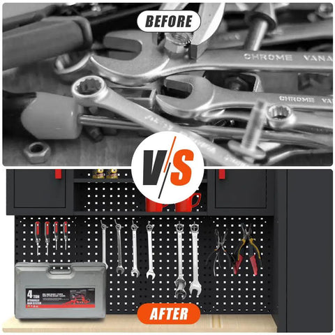 Before and after image of tool organization with Six Piece Garage Storage Cabinet System with Steel Drawers, Pegboard, and Tools.