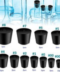 30 Pcs Solid Rubber Stoppers Assorted Sizes 000 To 8 with tapered design for chemistry lab equipment, shown in varying sizes against blue background.