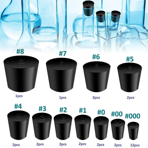 30 Pcs Solid Rubber Stoppers Assorted Sizes 000 To 8 with tapered design for chemistry lab equipment, shown in varying sizes against blue background.
