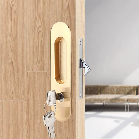 Keyed Sliding Pocket Door Lock With Three Keys For Hidden Recessed Handle Easy Install Perfect For Bathroom Kitchen And Wood Furniture Hardware Durable Zinc Alloy Construction With Rust Resistant Finish on wooden door