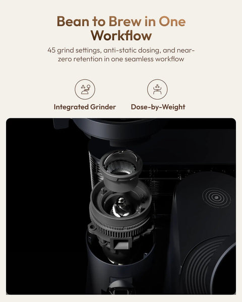 Game Changing Dual Boiler Espresso Machine With Integrated Precision Grinder And Dual Weight Sensors For Reliable Shot Prep and integrated grinder close-up.