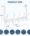 Over-the-door coat rack, white metal with five hooks; front view showing 1-3/8 in doors, 16-1/2 in wide.
