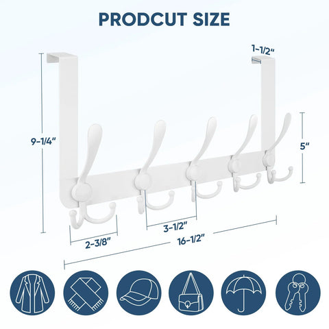 Over-the-door coat rack, white metal with five hooks; front view showing 1-3/8 in doors, 16-1/2 in wide.