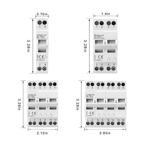 Heavy Lift Dual Power Circuit Breaker AC Isolator Switch dimensions showcasing various sizes for residential and commercial use.