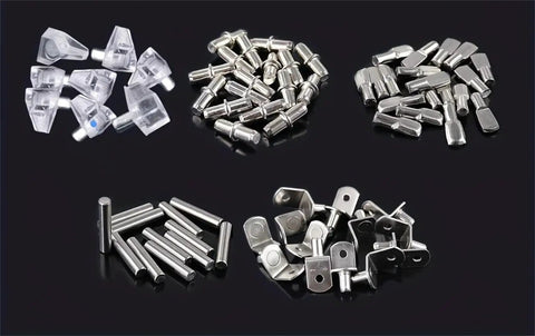 Heavy Duty Shelf Pegs And Pins Set For Cabinets And Bookshelves, Durable Steel Pin Holders in various shapes on black background