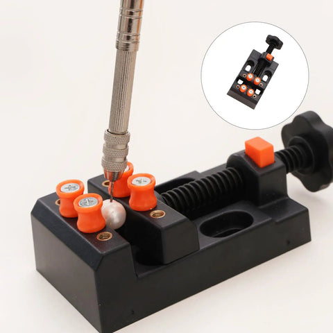 Hand Drilling Vise Set For Beads And Small Parts, Handy 4 Point Clamp With Hand Pin Vise For Jewelry Making, black clamp with orange posts