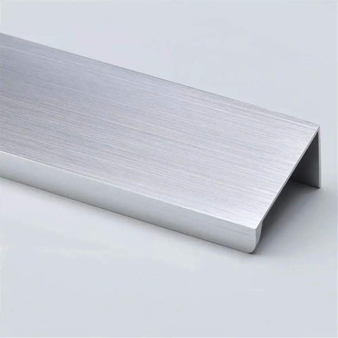 Close-up of a silver Hidden Cabinet Handle from Set Of 2 Heavy Duty Aluminum Finger Pull And Tab Pull for kitchen cabinets, doors, and drawers.
