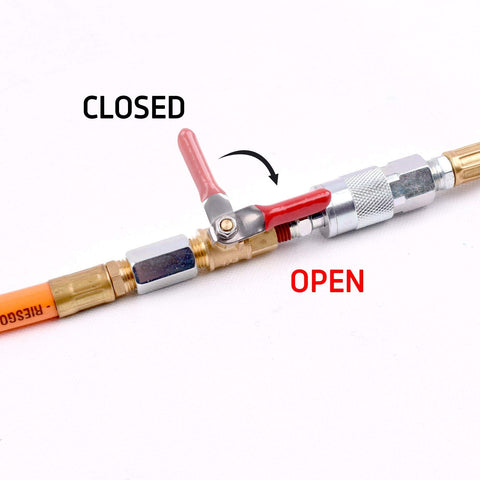 Pro Grade Heavy Duty Brass Ball Valve For Air Compressor Lines 1/4 Inch NPT On Off Shutoff With Red Lever in open position