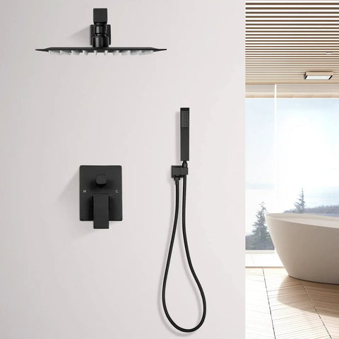 Matte Black Concealed Shower Set With Built-In Pressure Balance Valve, Ultra-Thin 8-Inch Rain Shower Head, Handheld Shower on wall