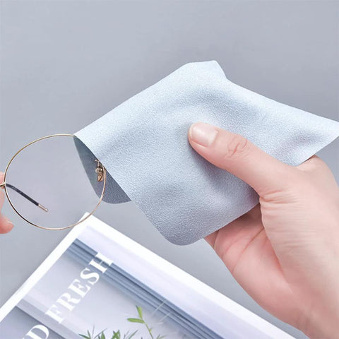 Front view: light blue microfiber glasses cleaning cloth; 230GSM, 10-pack, for cleaning round metal eyeglasses.
