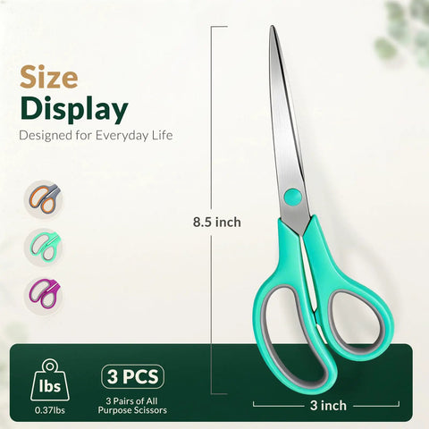 8.5 Inch All Purpose Scissors Set For Office Home Sewing And Crafts With Soft Comfort Grip For Right Or Left Hand 3 Pack Multicolor Sharp Stainless Steel Blades For Paper Cardboard Fabric Photos And More
