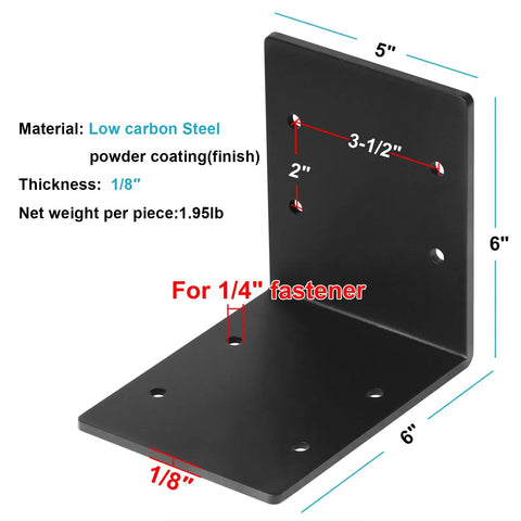 4 Pack Tough As Nails L Angle Brackets Black Steel Corner Supports For Wood Framing Pre Drilled Low Carbon Steel Construction Hardware Pro Builder Diy Gear, showing dimensions 6x6x5 inches, thick 1/8 inch, 1.95lb weight.
