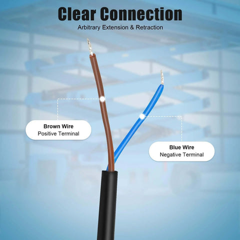Beefy 12V DC Linear Actuator With 500mm Stroke, wiring diagram showing brown and blue wires as positive and negative terminals.