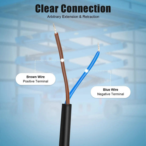 Close-up of brown and blue wires indicating positive and negative terminals for Heavy Duty 12V DC Linear Actuator Delivering 6000N Force And 500Mm Stroke For Adjustable Desk Lifts Tv Mount Raise Industrial Push Pull Motor Kits That Run Smooth No Sweat Operation Guaranteed.