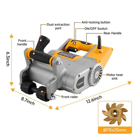 Pro Grade 1100W Electric Wall Groove Cutting Machine Beast with labeled features and dimensions for Masonry and Brickwork