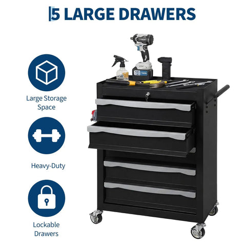 5 Drawer Rolling Tool Chest With Lock Built To Last Beast Tough Heavy Duty Steel Toolbox showcasing 5 drawers with tools