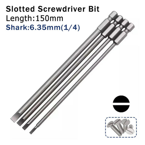 Top Tier 10-Pack 6 Inch Magnetic Slotted Screwdriver Bits Set Featuring S2 Alloy Steel Hex Shank For Precision Power Drilling Jobs, 150mm 1/4