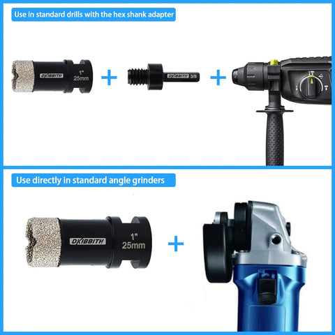 1 Inch Dry Diamond Core Drill Bit For Tile And Concrete with hex shank adapter and angle grinder, black.