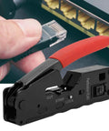 All In One Ethernet Cable Crimping Tool With Wire Cutter And Stripper For Cat5 Cat5e Cat6 Cat6a Cat7 8P8C 6P6C Crystal Head Plier in use