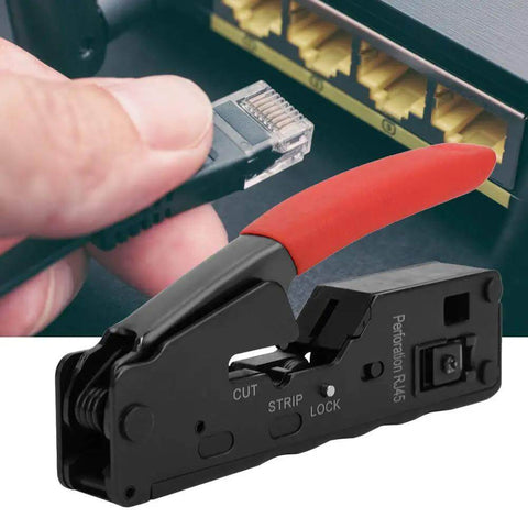 All In One Ethernet Cable Crimping Tool With Wire Cutter And Stripper For Cat5 Cat5e Cat6 Cat6a Cat7 8P8C 6P6C Crystal Head Plier in use