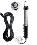 Bright As Day LED Trouble Light With 25 Foot Cord Magnetic Swivel Hook For Car Repair Workshop And Construction 800 Lumens Dual Spotlight And Floodlight ETL Listed 16 AWG Cord. Shown with long black cord and hanging hook.
